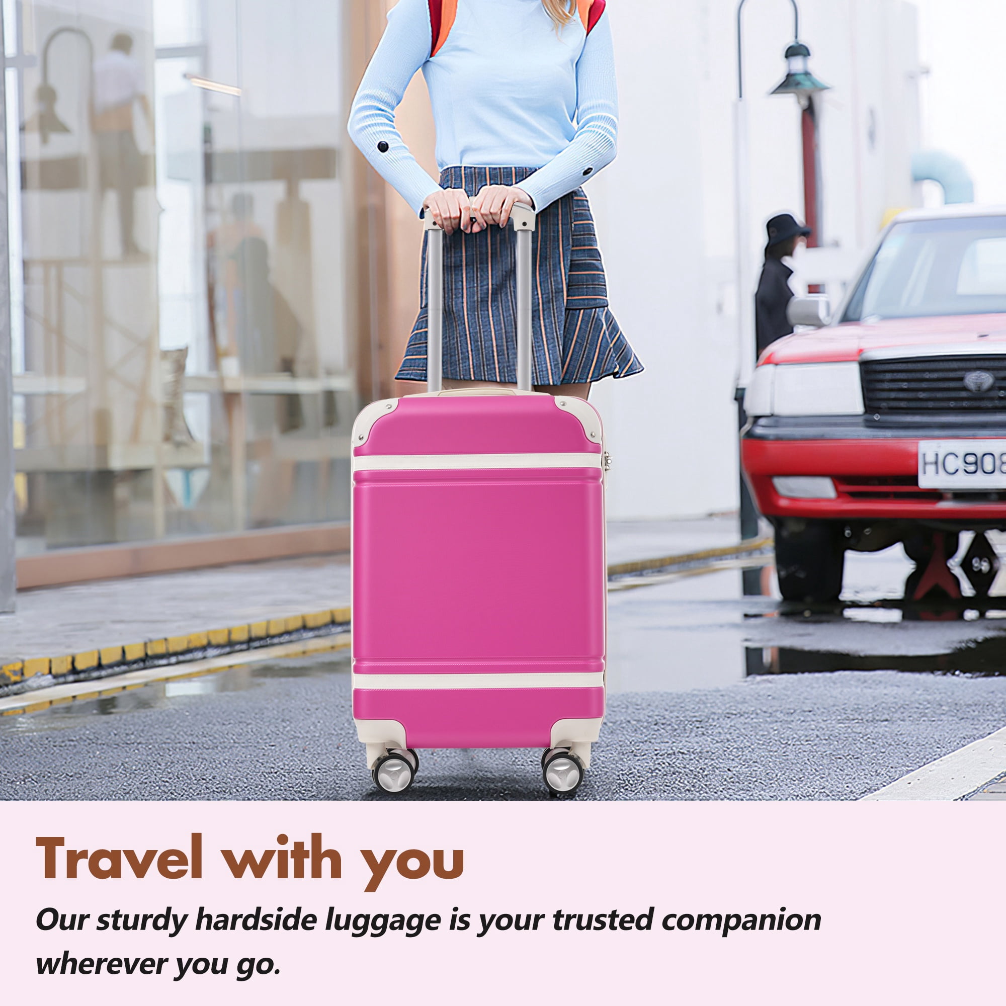 SESSLIFE 3 Piece Luggage Set, 28 in Lightweight Carry on Luggage with Bags, Hardshell Expandable Suitcase with Spinner Wheel and TSA Lock, Vintage Suitcase Set for Travel, Pink