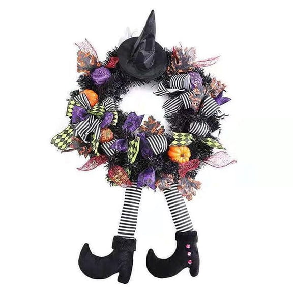 ZOELNIC 25 inch Halloween wreath with Hat Leg Pumpkin Door wreath, Haunted House Decoration pendant, Halloween party Pendant