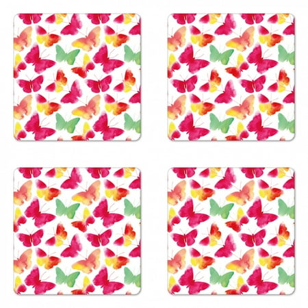 

Colorful Coaster Set of 4 Watercolor Butterflies with Large Colored Wings Spirit Animal Love Paint Print Square Hardboard Gloss Coasters Standard Size Fuchsia Green by Ambesonne