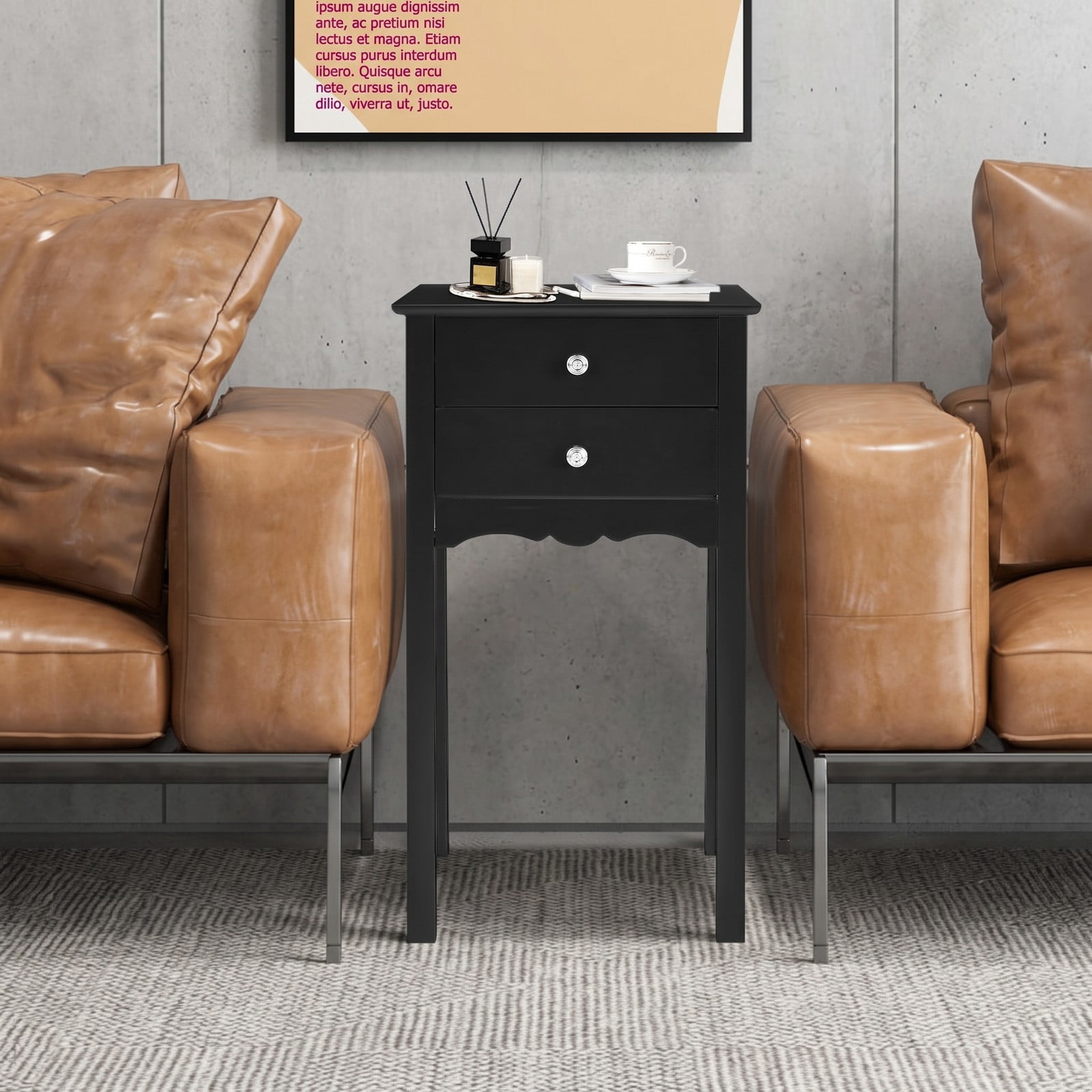 Furnibear 2-Drawer End Table, Vintage MDF Side Accent Table with Metal Handles, High Gloss Nightstand Bedside Storage Table for Bedroom Living Room Dorm, Black