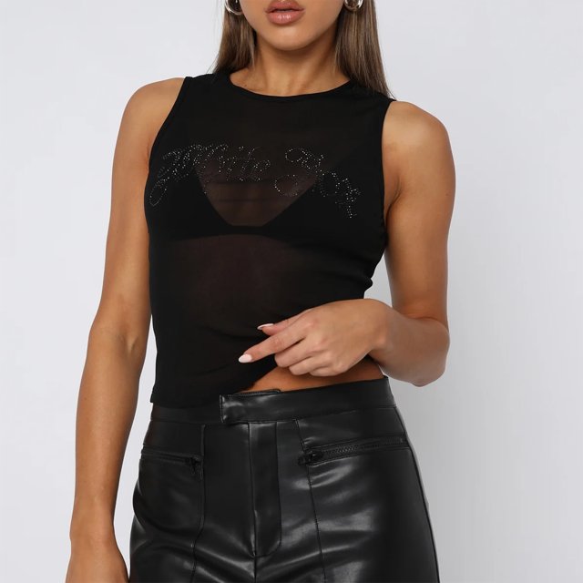 Camiseta Sin Mangas Top ajustado para mujer Ver a través Slim Fit Cuello redondo Traje de calle de diamantes brillantes Cgtredaw Negro M para Mujer