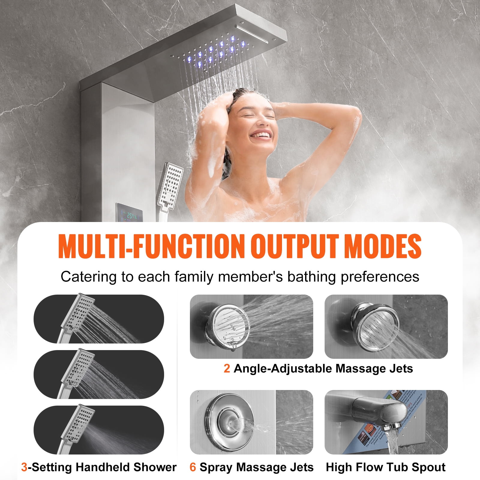 KFFKFF Shower Panel Tower System 6 Modes Hydroelectricity LED Stainless Steel