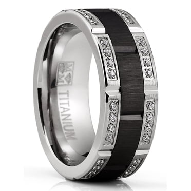 Meravi Black Titanium & Sterling Silver Camo Wedding Band – Mossy Tree Oak With CZ – His & Her Sizes