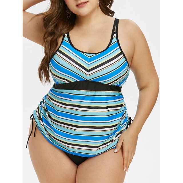 Más el tamaño de rayas Cinched baño tankini Rosegal Camisetas sin mangas de talla grande