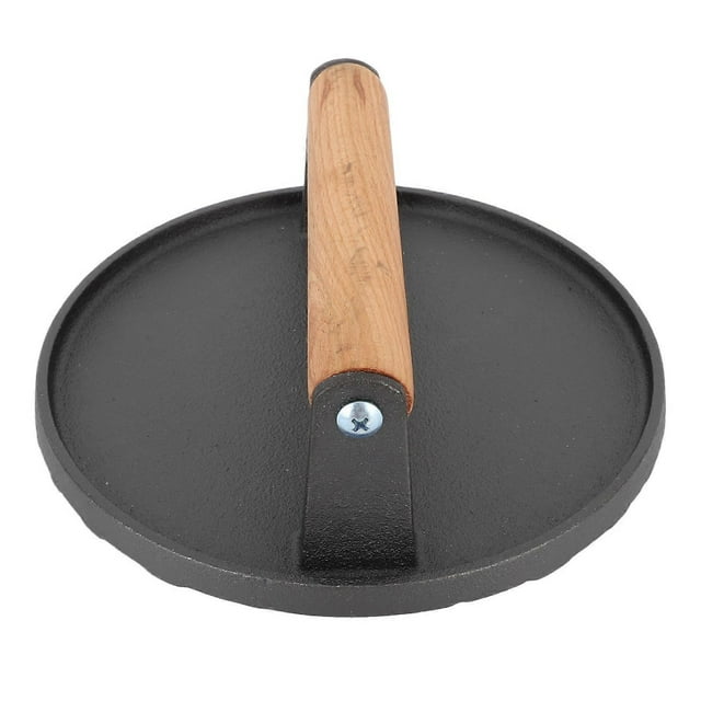 Presse à steak en fonte avec poignée en bois et fond rond pour hamburger, sandwich, barbecue, légumes