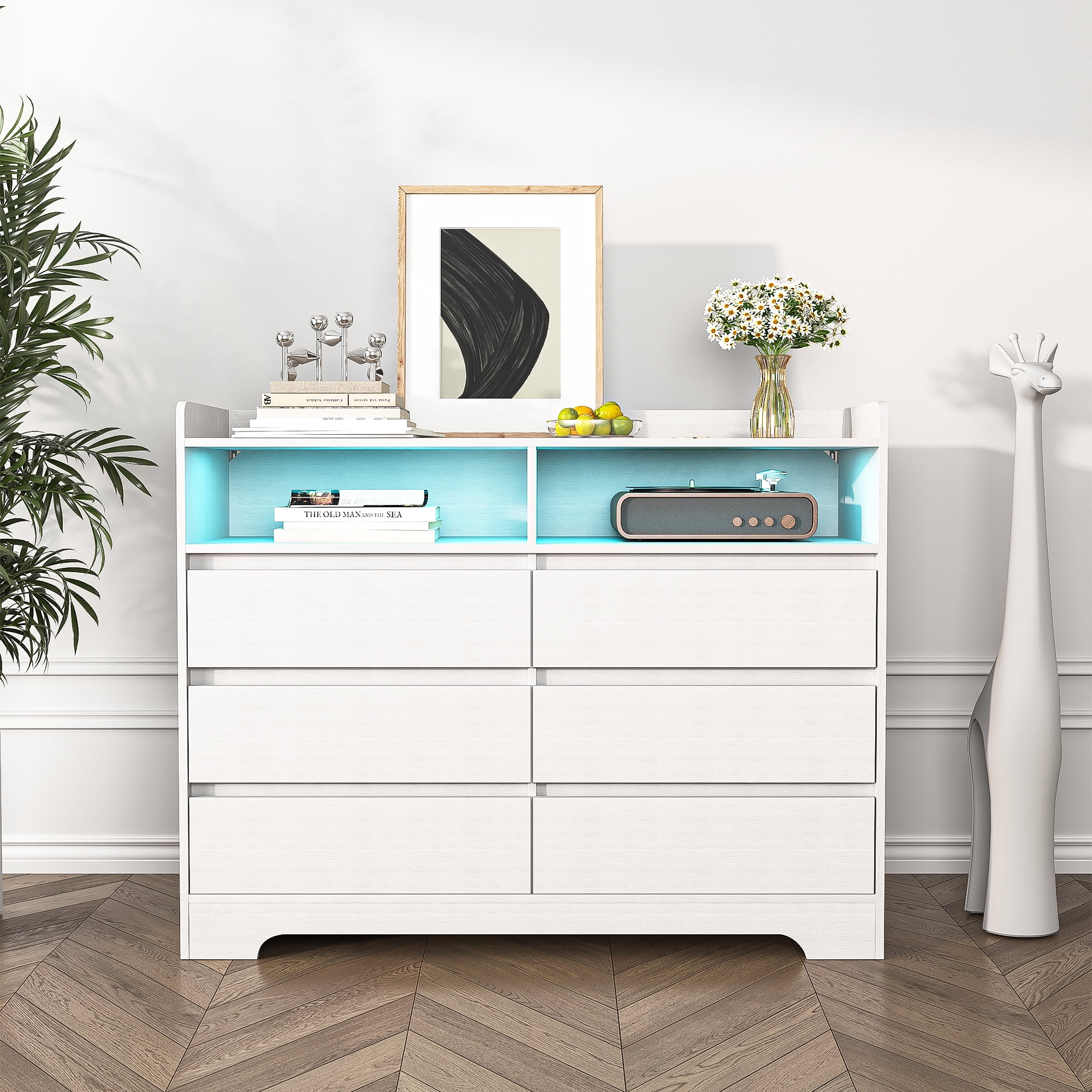 Finihen 6 Drawer Dresser, Modern Chest of Drawers with Led Lights, Wooden Dresser for Bedroom with Sturdy Frame for Living Room, Entryway, Hallway, White-M Finihen 6 Drawer Dresser, Modern Chest of Drawers with Led Lights, Wooden Dresser for Bedroom with Sturdy Frame for Living Room, Entryway, Hallway, White-M