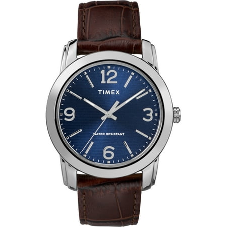 Timex Men's Core 39mm Silver-Tone/Blue Watch, Brown Croco Pattern Leather Strap