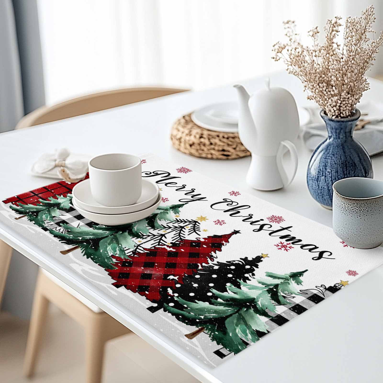 Buffalo Plaid Christmas Tree Placemats Set of 8, White Winter Snowflakes Table Mats Washable Heat-Insulation Non-Slip Place Mats for Kitchen Dinner Table Indoor Outdoor Decor,13x19 Inch
