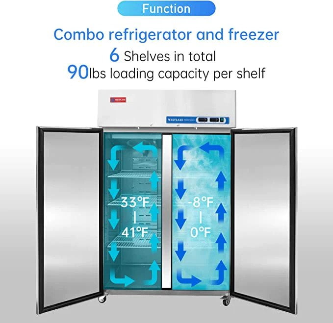 Westlake Commercial Reach-in Upright Freezer, 48" Double Solid Door Stainless Steel, 36 cu.ft ETL Certified Restaurant Freezer WK-48F