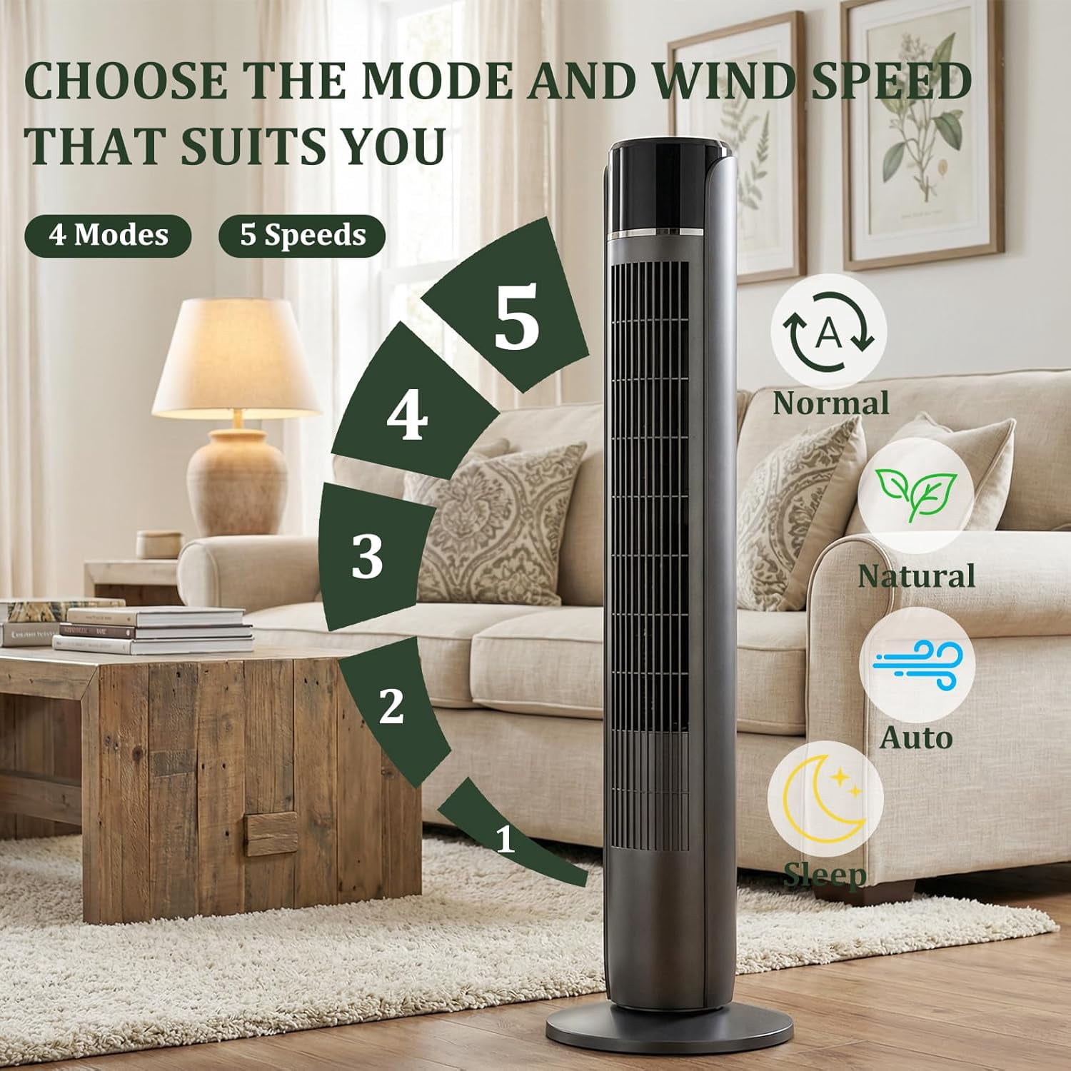 Blazezo Tower Fan With Remote, 60° Oscillating Bladeless Cooling Fan, 28dB Quiet Standing Floor Fan for Bedroom Home Office, 5 Speeds 4 Modes 12H Timer