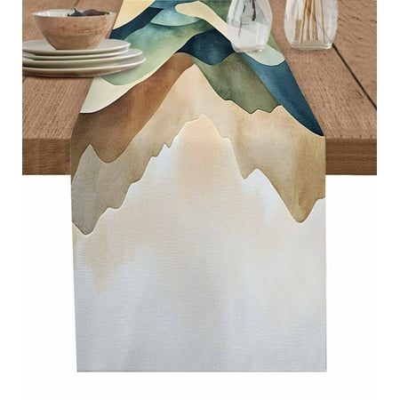 

Table Runner Dresser Scarves 90 Inch Long Watercolor Mountain River Landscape Linen Dining Table Runners Abstract Colorful Stripe Tabletop Scarf for Wedding Holiday Party Kitchen
