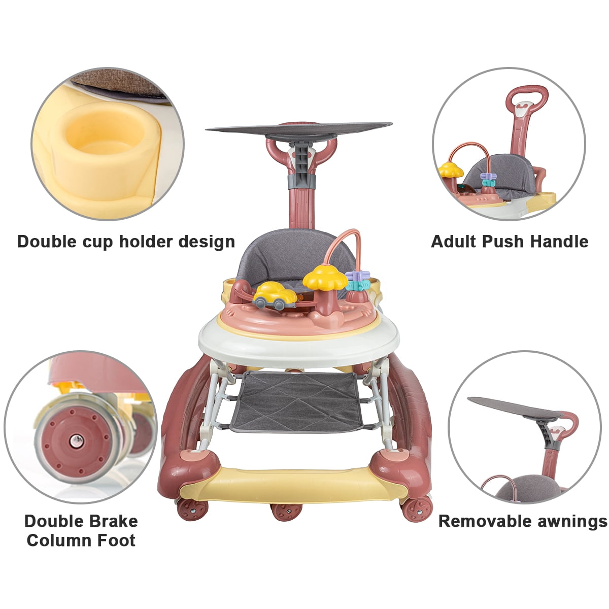 FACNOATIHN 5-in-1 Baby Walker, Musical Activity Push Walker with Detachable Awning Footrest, Adjustable Height, Pink