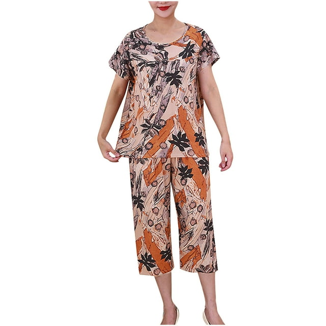 Pisexur Ensembles de Pyjama pour Femmes 2 Pcs, Chemises de Nuit en Coton à Imprimé Floral pour Femmes, Col Rond Décontracté, T-Shirts à Manches Courtes et Pantalons de Détente Longueur Genou, Pyjamas Grande Taille pour Femmes Ensemble TG-4TG