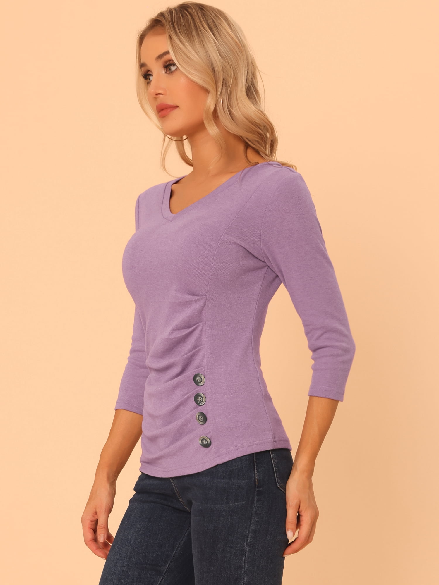 DARING DIVA V Neck Knitted Buttons Decor Ruched Blouse Top L Gray Purple