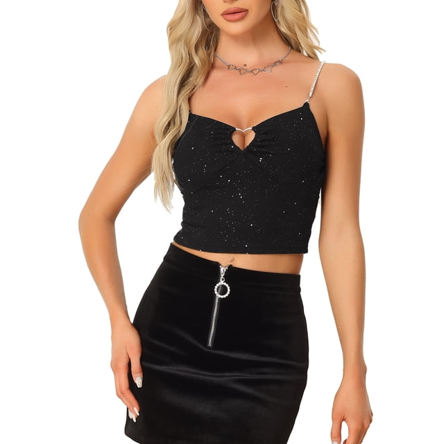 Top de tirantes de spaghetti con brillo y strass de INSPIRE CHIC para mujeres, corte de fiesta, crop top negro M