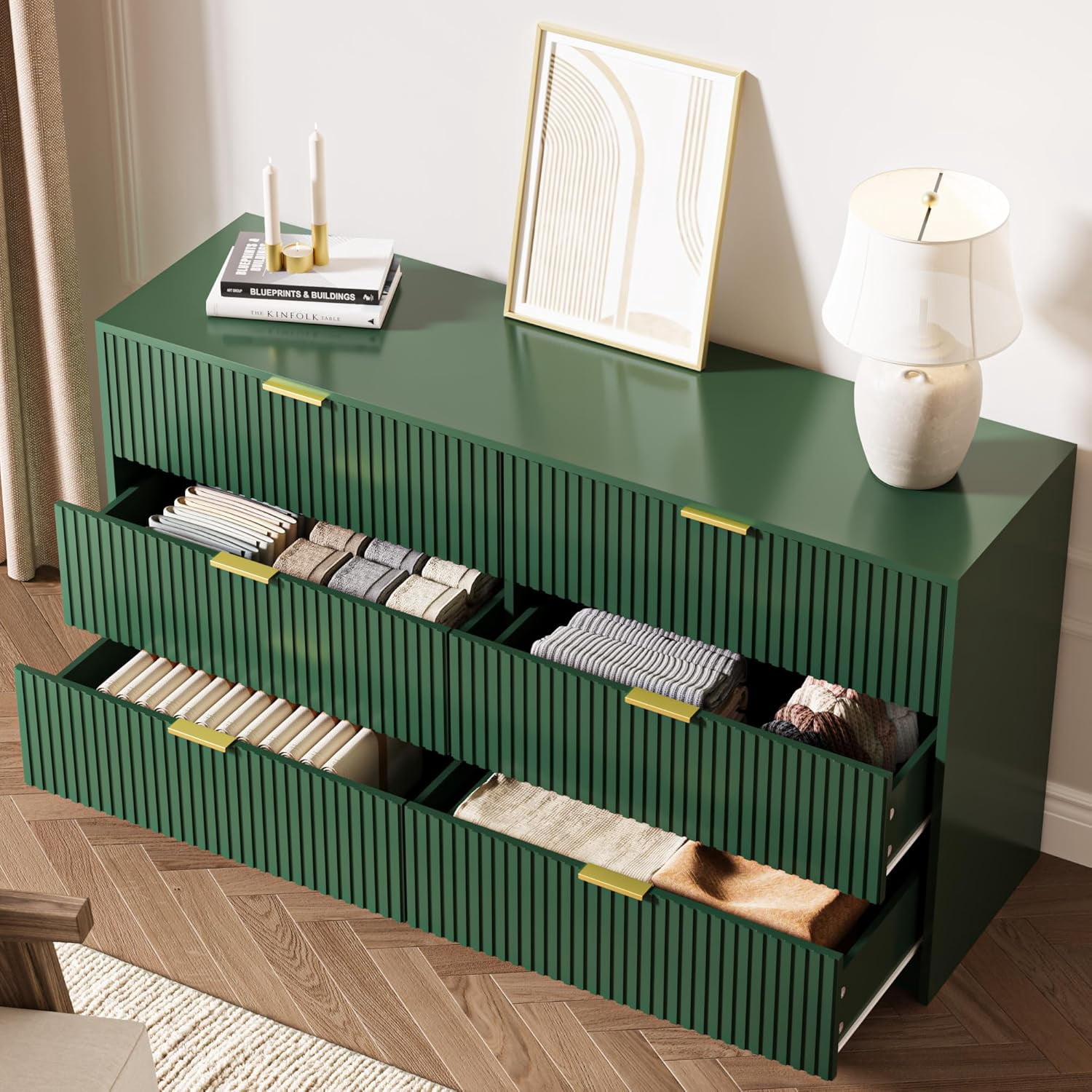 FURNIWAY Green 6 Drawer Dresser for Bedroom, 55 Inch Wide Modern Chest of Drawers with Fluted Wood Front and Gold Metal Handles for Living Room Hallway