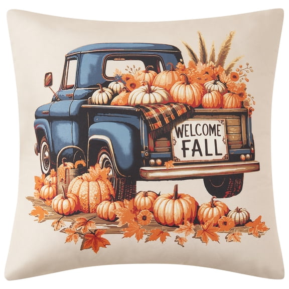 Mainstays 16" x 16" Reversible Decorative Outdoor Throw Pillow, Blue Truck Welcome Fall