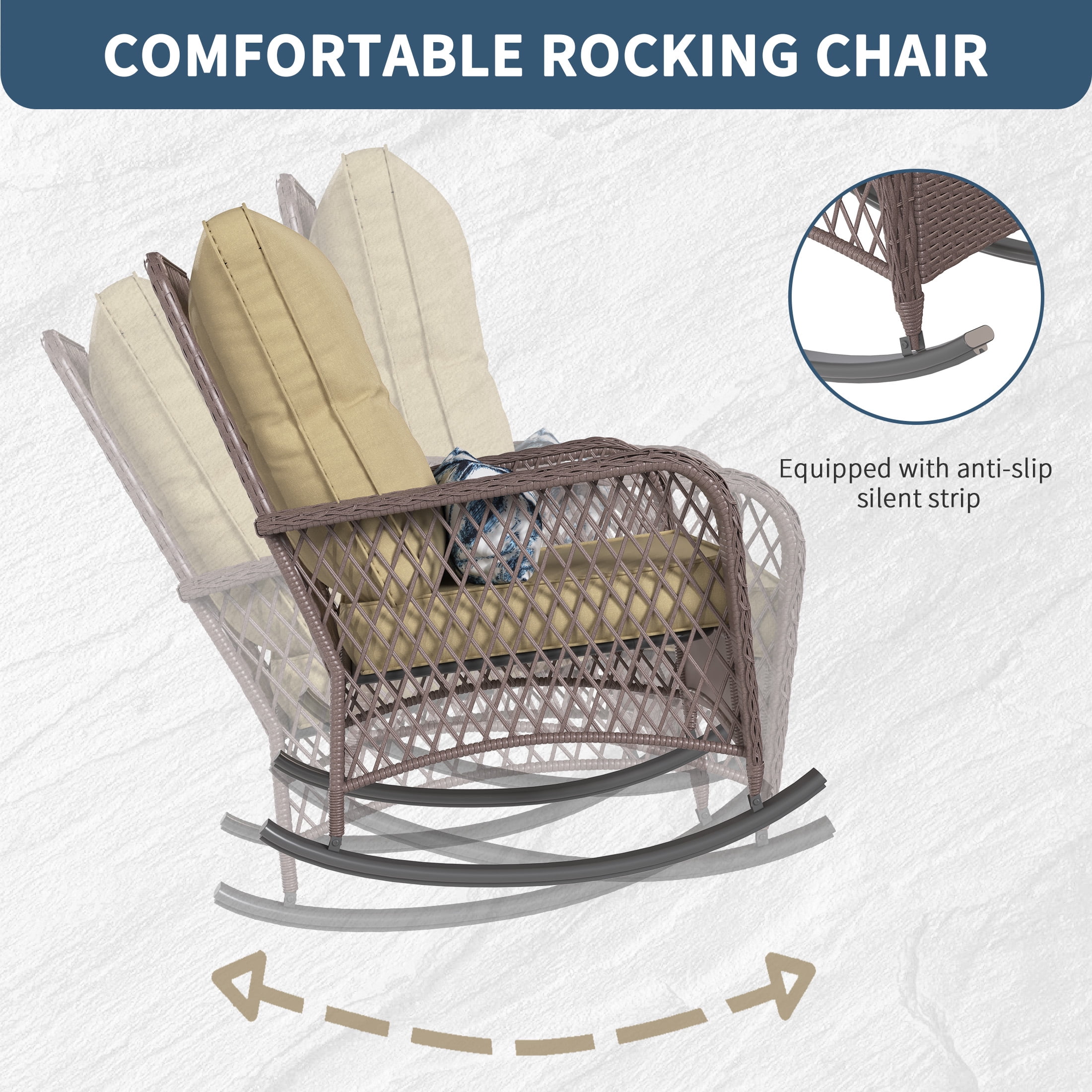 Poteban 3-Piece Outdoor Rocking Chairs, Wicker Patio Furniture with Thickened Cushions and Table for Porch (Khaki)