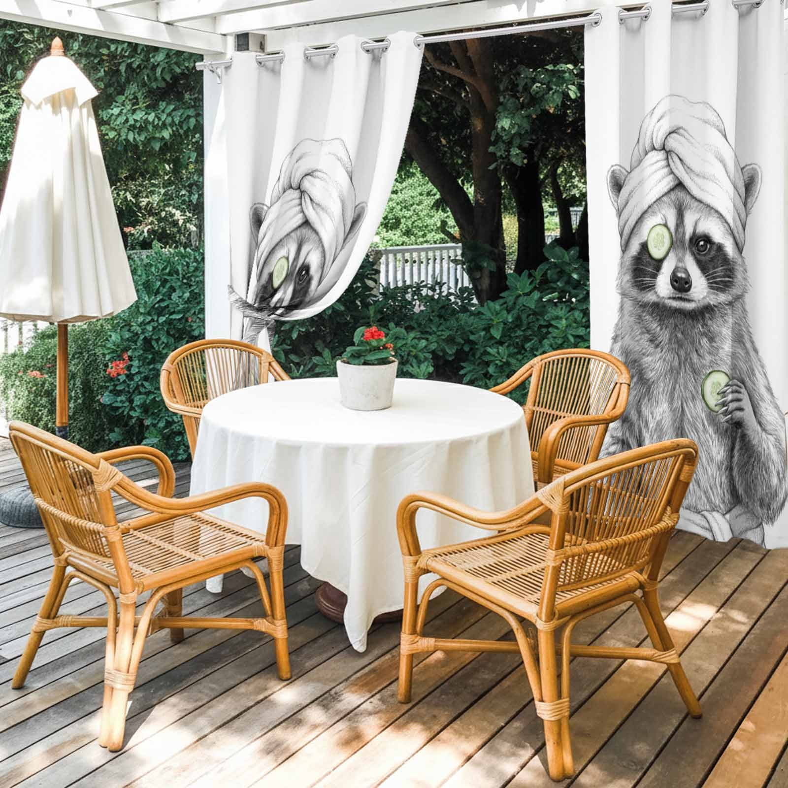 Grey Animals Outdoor Curtains for Patio, Funny Raccoon with Bath Wrap Cucumber Slice Gray Modern Sunshade Privacy Drapes Grommet Waterproof Outside Curtains for Porch/Cabana/Balcony 54"x108", 1 Panel