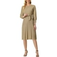 thumbnail image 2 of INSPIRE CHIC Women's Dress Knit Crew Neck Lantern 3/4 Sleeve Belted Pleated Hem Dresses​ M Khaki, 2 of 6