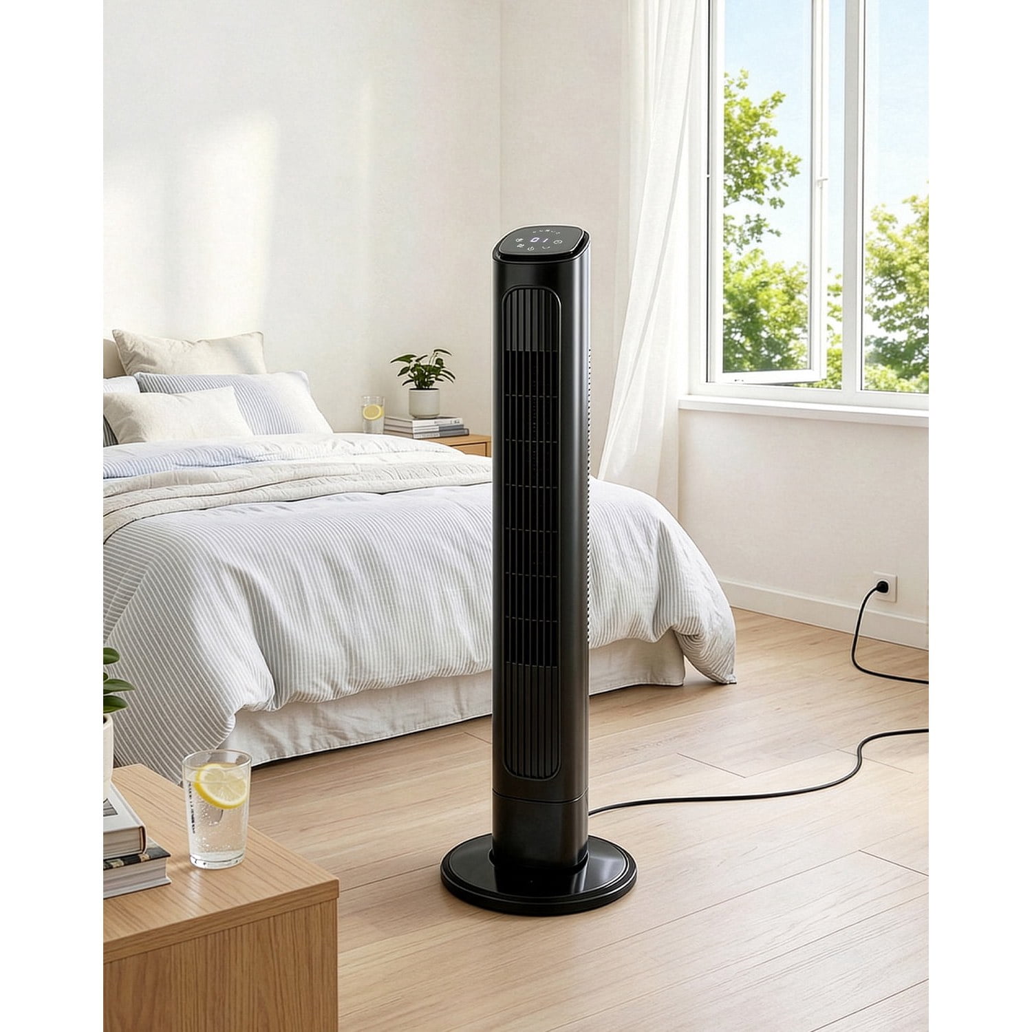 US Standard 36 Inch Tower Fan, 110V 45W, Black Plastic Body with Copper Motor, Touch & Remote Control, 3 Speeds, 3 Modes, Oscillating, 9H Timer, Household Fan