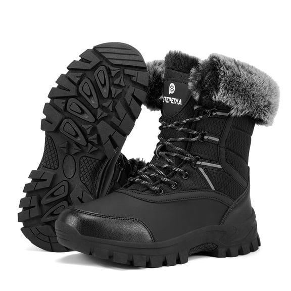 Stepedia Snow Boots for Women Warm Insulated Non-Slip Outdoor Faux Fur Mid Calf Waterproof Winter Boots, Black
