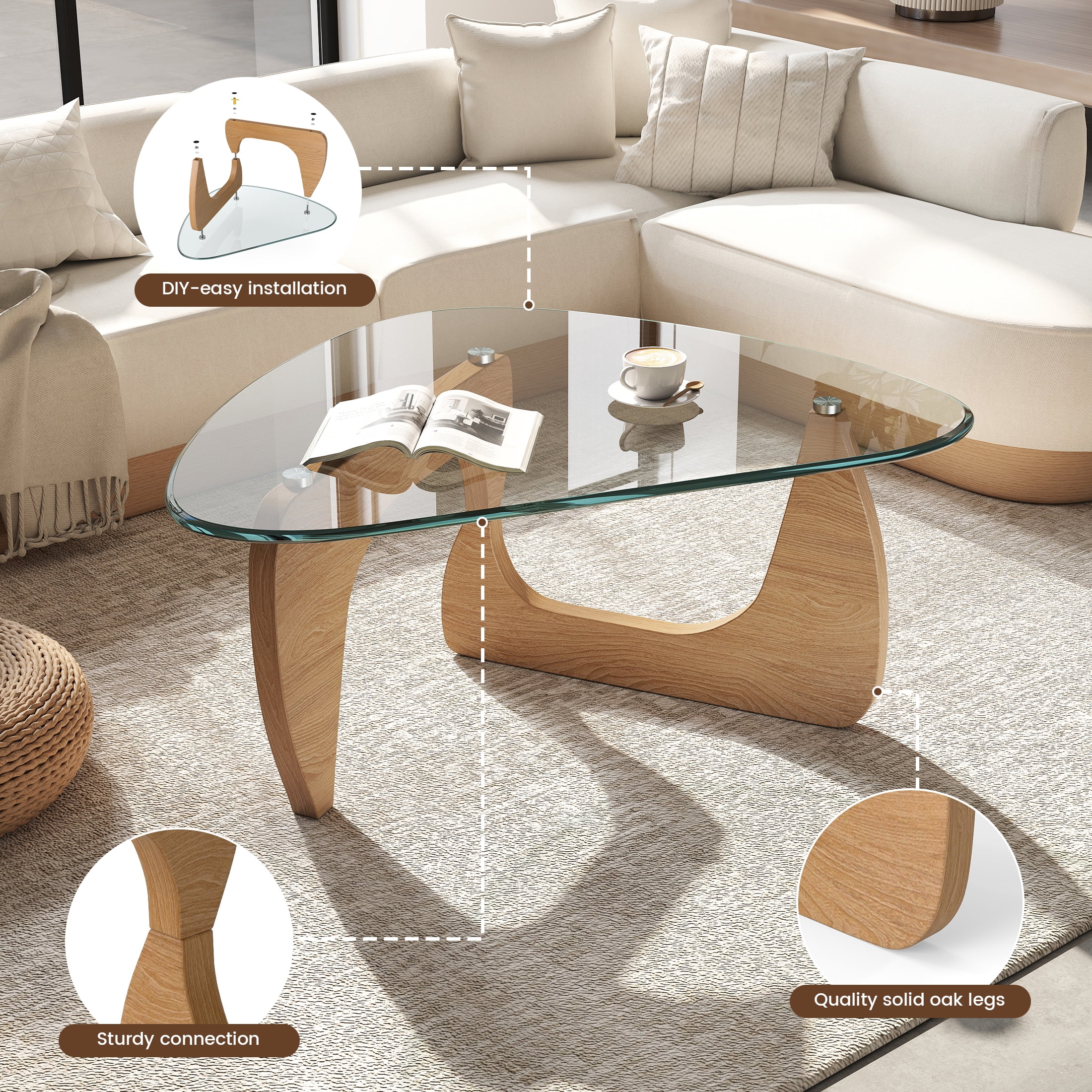 Daluvenix Modern Glass Coffee Table Triangle Coffee Table for Living Room with Glass Top and Wood Base