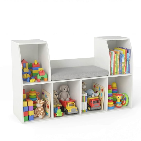 Costway 40”Kids Bookshelf with Reading Nook, 6 Storage Cubbies & Seat Cushion for Playroom