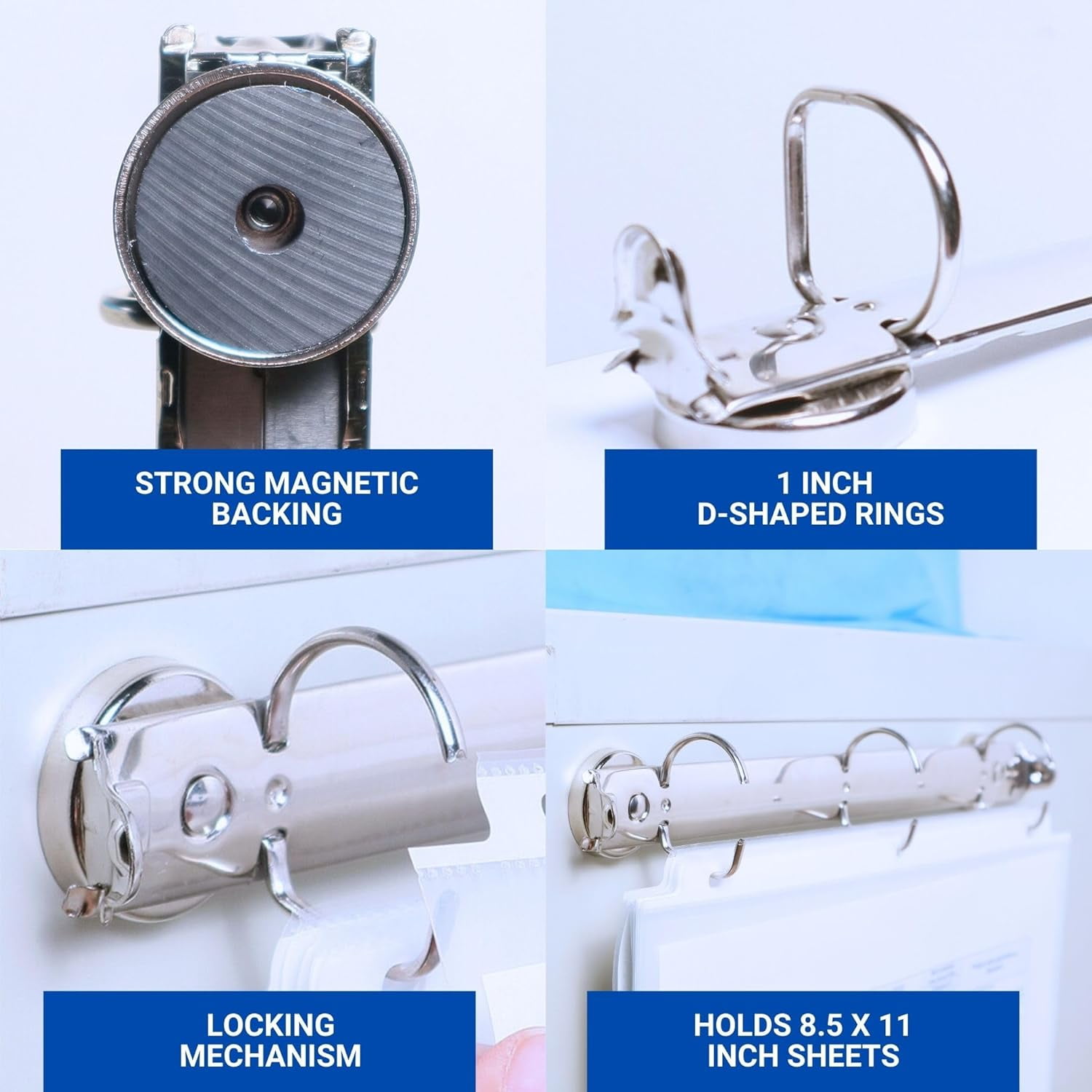 Magnetic 3 Ring Binder Locking Mechanism – 10 Pack – for Hanging 8.5 x 11 Inch Sheets of Paper
