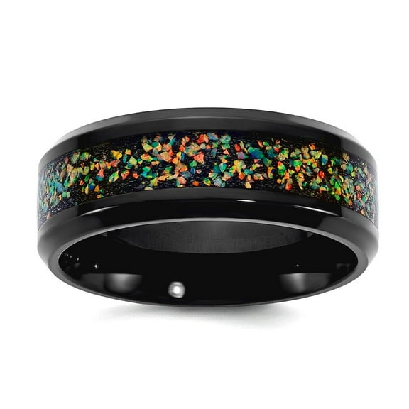 Stainless Steel Polished Black Ip Plated Multi-color Opal Inlay 8mm Band Size 9 Ring for Women and Men