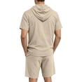 thumbnail image 6 of LEKWK Men Linen Sets Outfits 2 Piece Short Sleeve Button Down Hooded Tops and Elastic Waist Shorts Lightweight Loose Fit Summer Fashion Beach Vacation Wear, 6 of 9