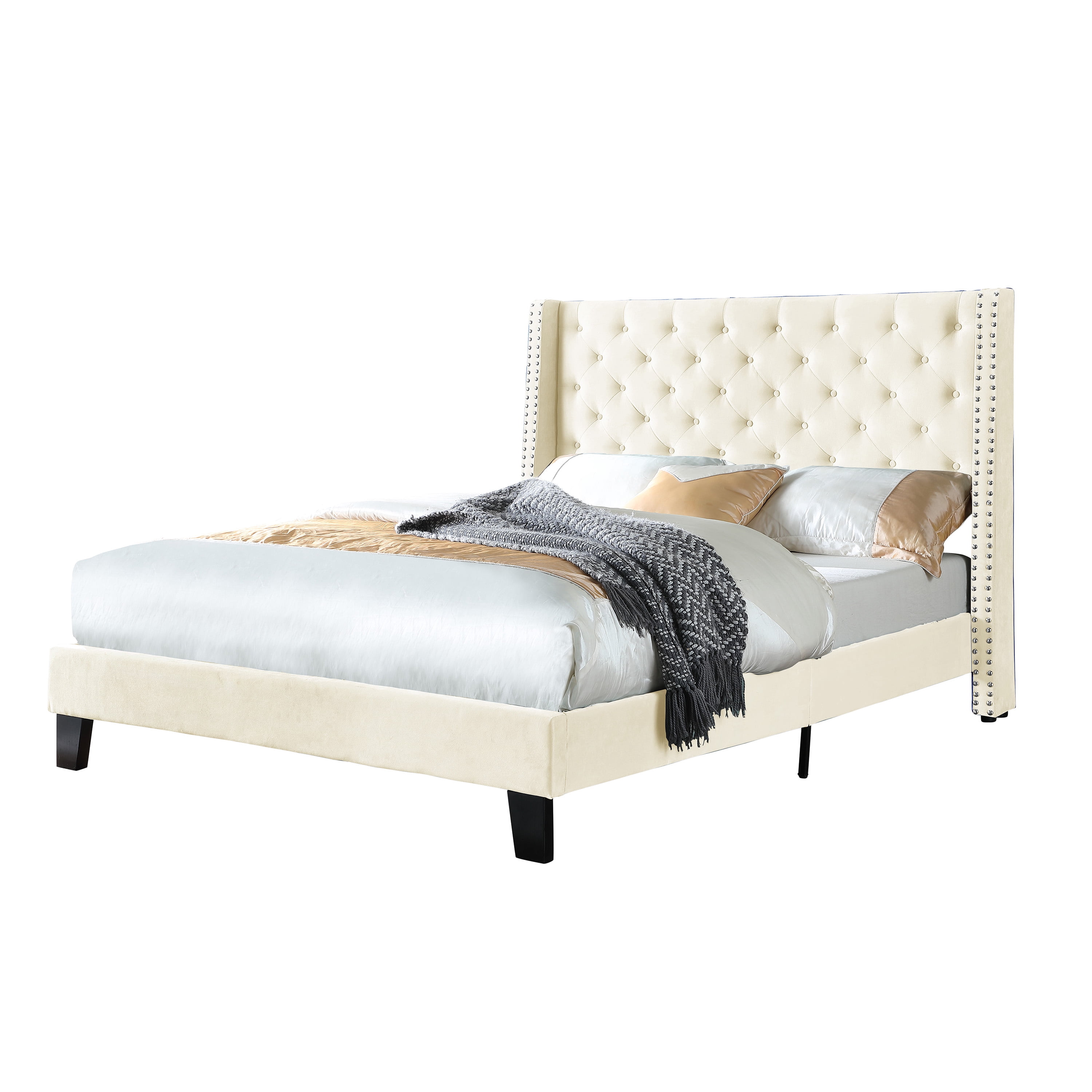 AC Pacific Modern Polyester Beige Full Platform Bed with Nailhead Trim