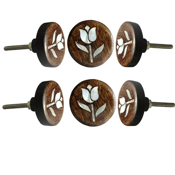 Set Of Six Tulip Flower Printed MOP Wooden Cabinet Knobs by Perilla Home
