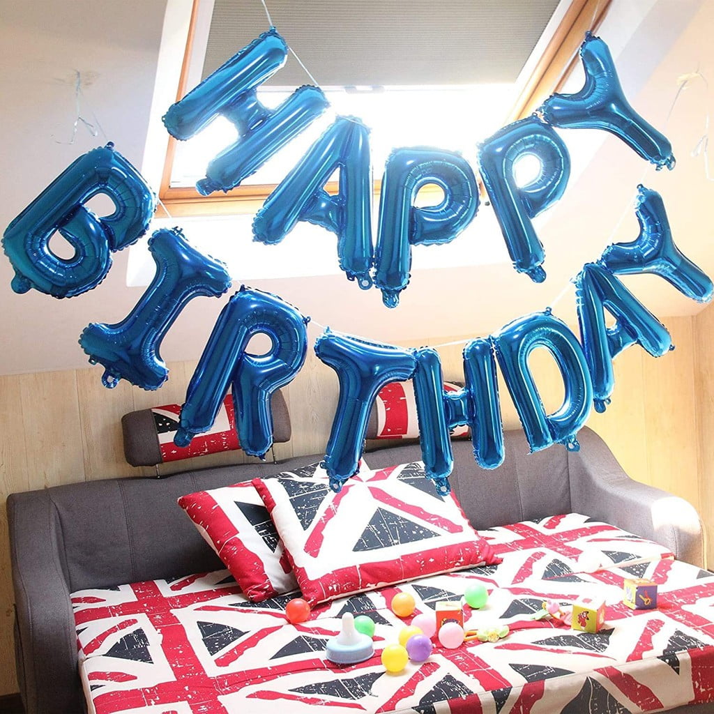 Self Inflating Happy Birthday Balloon Banner Bunting 16 inch Foil Blue Boy Dinosaur Party Decorations Girl Glitter Balloons