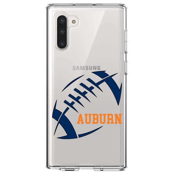 DistinctInk Clear Shockproof Hybrid Case for Samsung Galaxy Note 10 (6.3" Screen) - TPU Bumper, Acrylic Back, Tempered Glass Screen Protector - Auburn Football - Orange, Blue