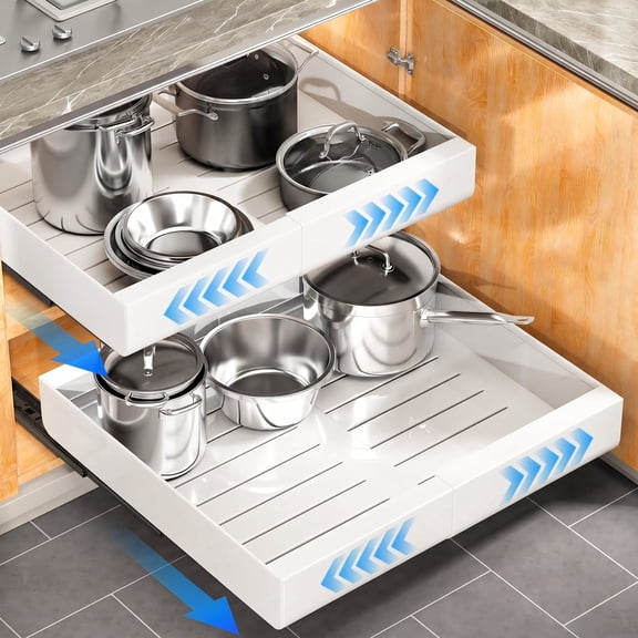 NUBILY Pull out Cabinet Organizer with 3 Sliding Rails, 12.5-20.5in Expandable Heavy Duty Slide out Drawers for Kitchen, Pantry, Bathroom, White