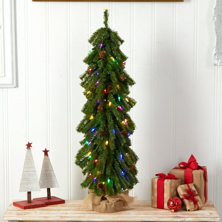 Nearly Natural 3ft. Artificial Christmas Tree with Pinecones and 50 Multicolored Lights Set in a Burlap Base