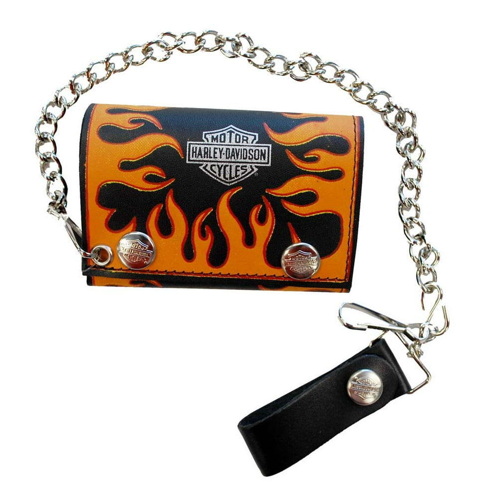 HarleyDavidson Men's Flames TriFold Chain Wallet Black Leather