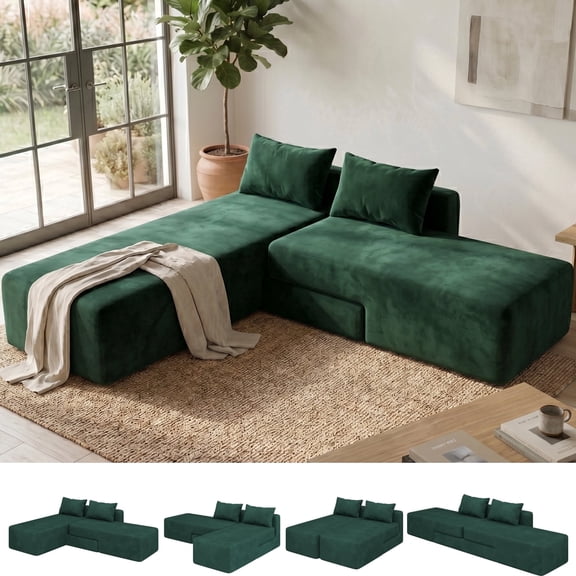 SOBREMESA 4-in-1 Modular Cloud Couch: Adjustable Chaise & Deep Seat Sectional Sofa with 2 Pillows, No Assembly,Green