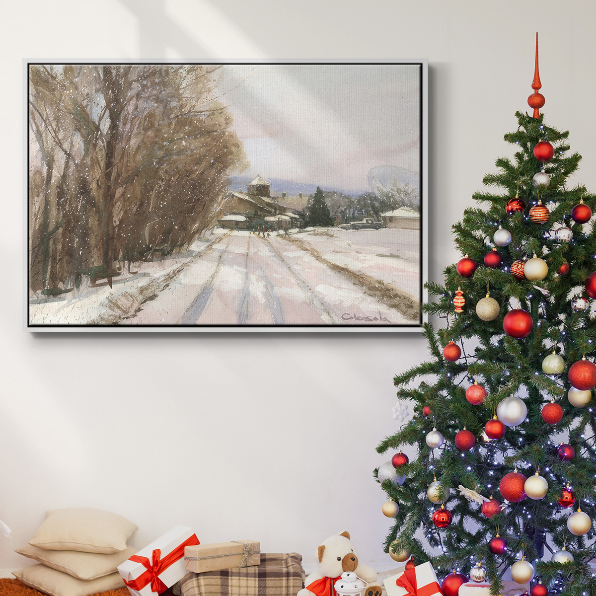 Indian Orchard Greek Orthodox Church - Framed Gallery Wrapped Holiday Canvas - 27 x 41 - White Frame