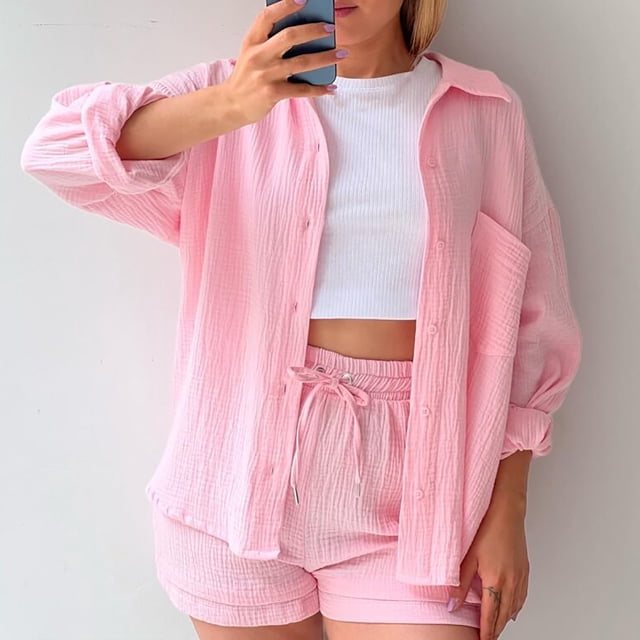 2025 Clearance Womens Lounge Sets For Fall ZVAVZ Womens Summer Fall Wrinkle Tracksuits Laple Neck Buttons Down Shirts Drawstring Shorts Pants Sets Womens Two Piece Outfits Casual