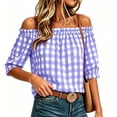 thumbnail image 2 of Setooff Womens Shirts, Gingham Off Shoulder Bubble Sleeve Shirts for Women, Elastic Ruffle Neck Loose Casual Summer Blouse, 2 of 7