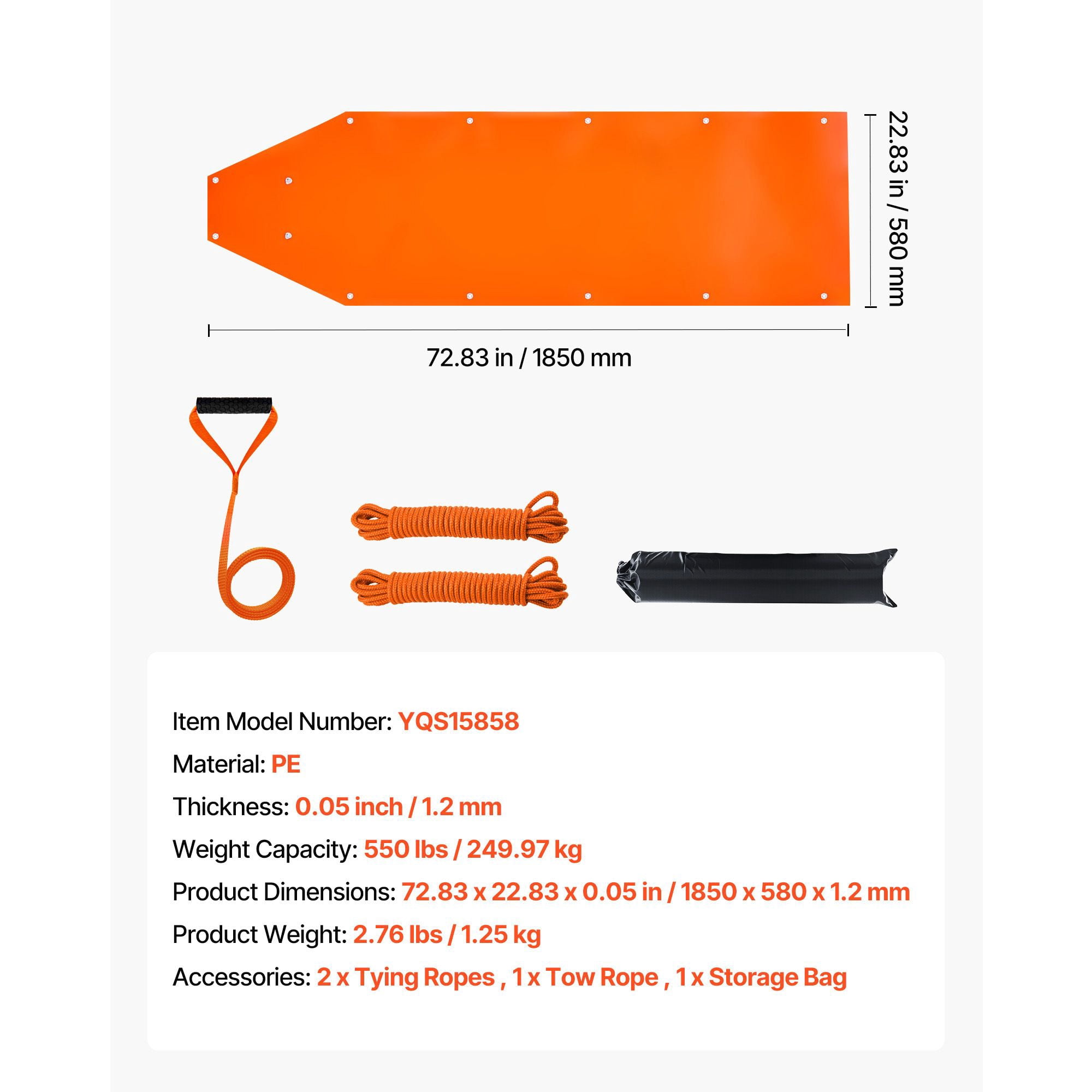 Yard Drag Sled 550 lbs Capacity Heavy-Duty PE 0.05 Inch Thickness 141 Inch Ropes Smooth Surface for Hunting Firewood Camping Gear Hauling