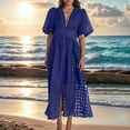 thumbnail image 2 of Mikilon Robes d'Été pour Femmes Ensemble Jupe Aguichant Lanterne Manches Courtes Robe à Carreaux Aguichant Col en V Profond Robes Mode Décontractée Taille Haute Robe de Soirée Unie avec Fente Bleu-A TP, 2 of 7