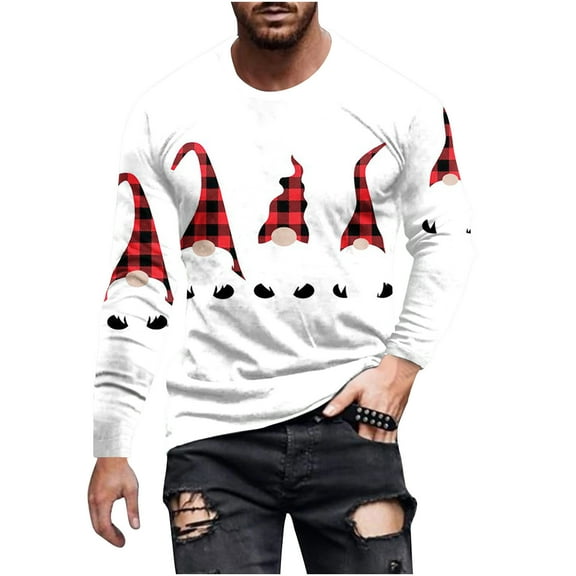 Honeeladyy Men's 3D Print T-Shirts Christmas Print Tee Long Sleeve Round Neck Pullover Tops #Gl-White-M
