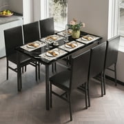 7 Piece Kitchen Dining Table & Chair Set, Dining Room Table Set with Faux Marble Tabletop PU Leather Padded Chairs, Rectangle Dining Table Set for 6, Dinette Set for Kitchen Dining Room Small Space