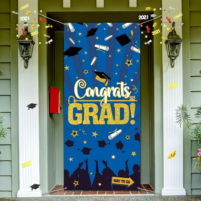 2021 Décorations de Fête de Graduation, Grand Tissu Félicitations Graduation Couverture de Porte Graduation Bannière Photo Booth Fond pour 2021 Grad Fournitures de Fête Intérieure / Extérieure (Bleu)