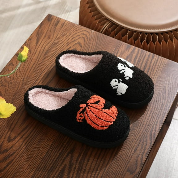 Womens House Slippers Slip-on Flat Heel Slides Round Toe Flat Heel Slides Women's Casual Dressy Indoor Home Halloween Pumpkin Ghost Fall Winter Flat Shoes
