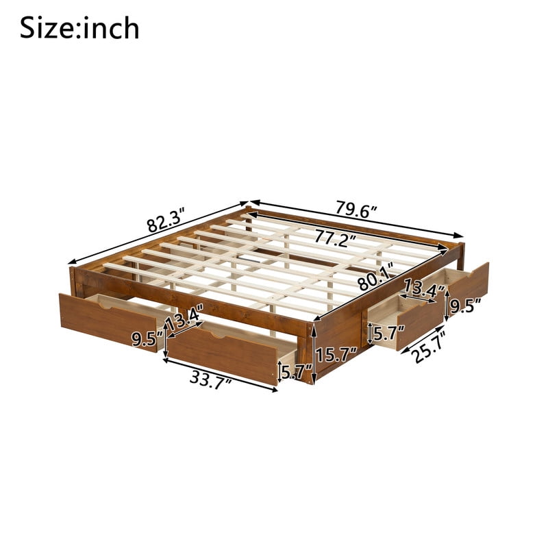 Queen/King Size No Box Spring Required Platform Bed with No Headboard, Wooden Storage Bed Frame with 6 Drawers