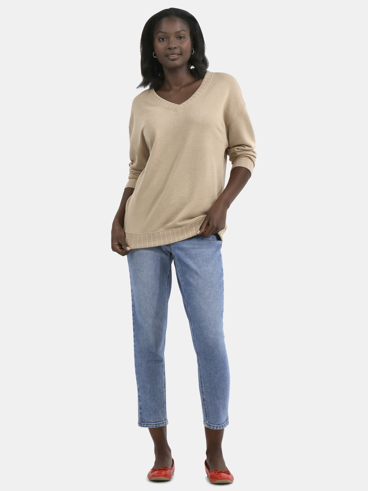 Time and Tru Women's V-Neck Sweatshirt with Long Sleeves, XS-XXXL